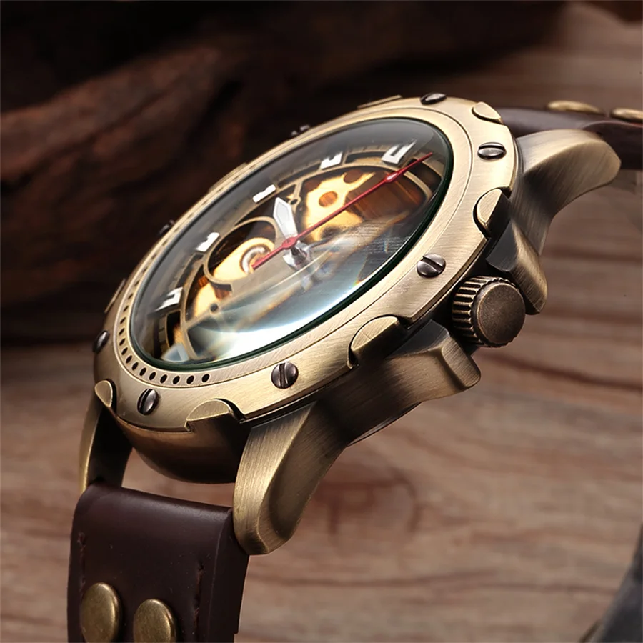 SHENHUA 9536 รอบ Steampunk สไตล์ผู้ชายโครงกระดูกนาฬิกากลไกอัตโนมัติ Bronze ชาย Skull นาฬิกากีฬา addiesdive นาฬิกา