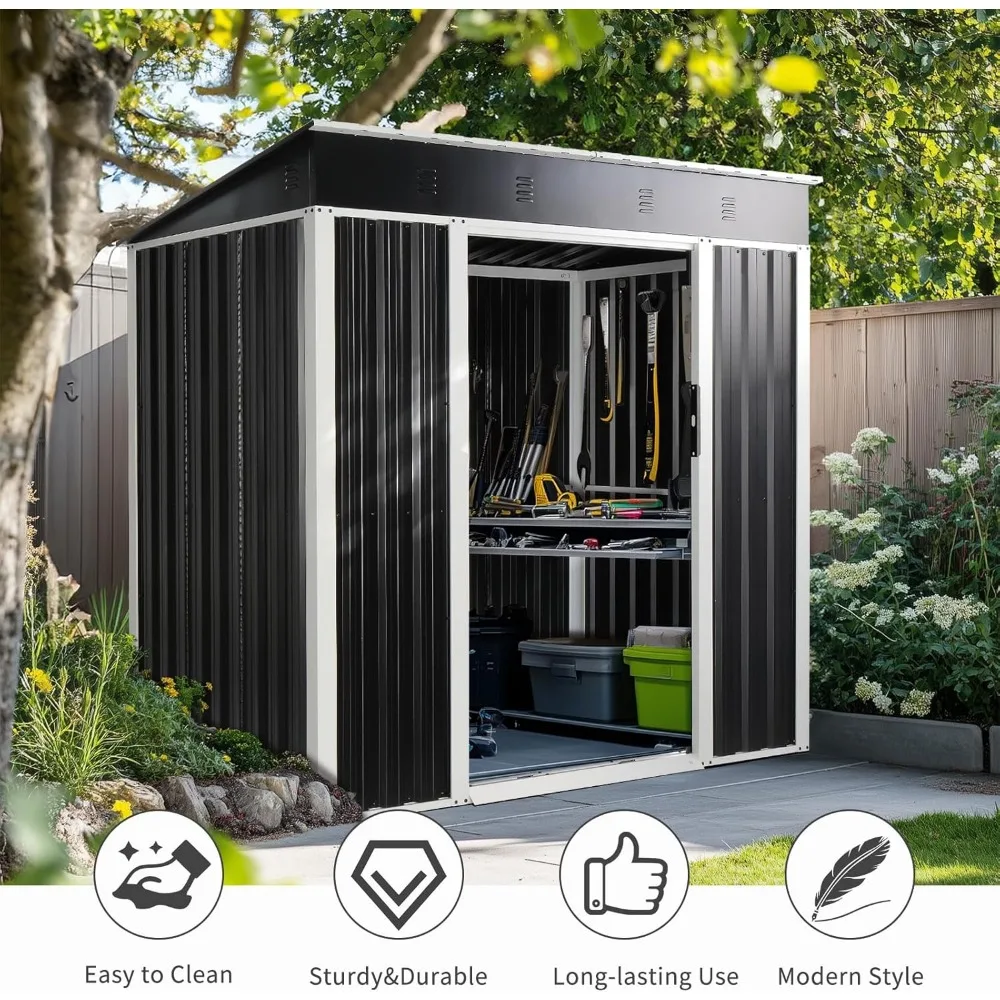 سقيفة تخزين معدنية خارجية مقاومة للعوامل الجوية مقاس 6 × 4 أقدام مع باب قابل للقفل وسقف مائل للفناء والأدوات