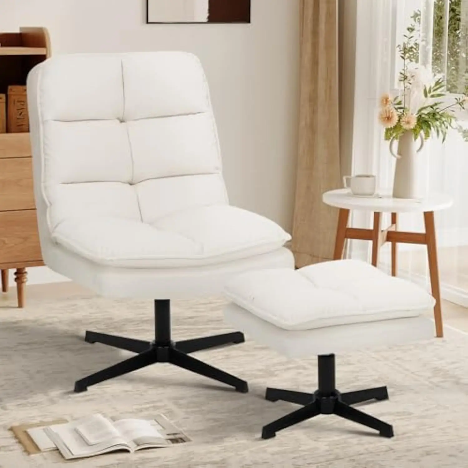 

Swivel Accent Reading Chair with Ottoman, Modern Velvet Upholstered Lounge Chair with 360 ° Swivel and Criss-Cross Legs, Comfy R