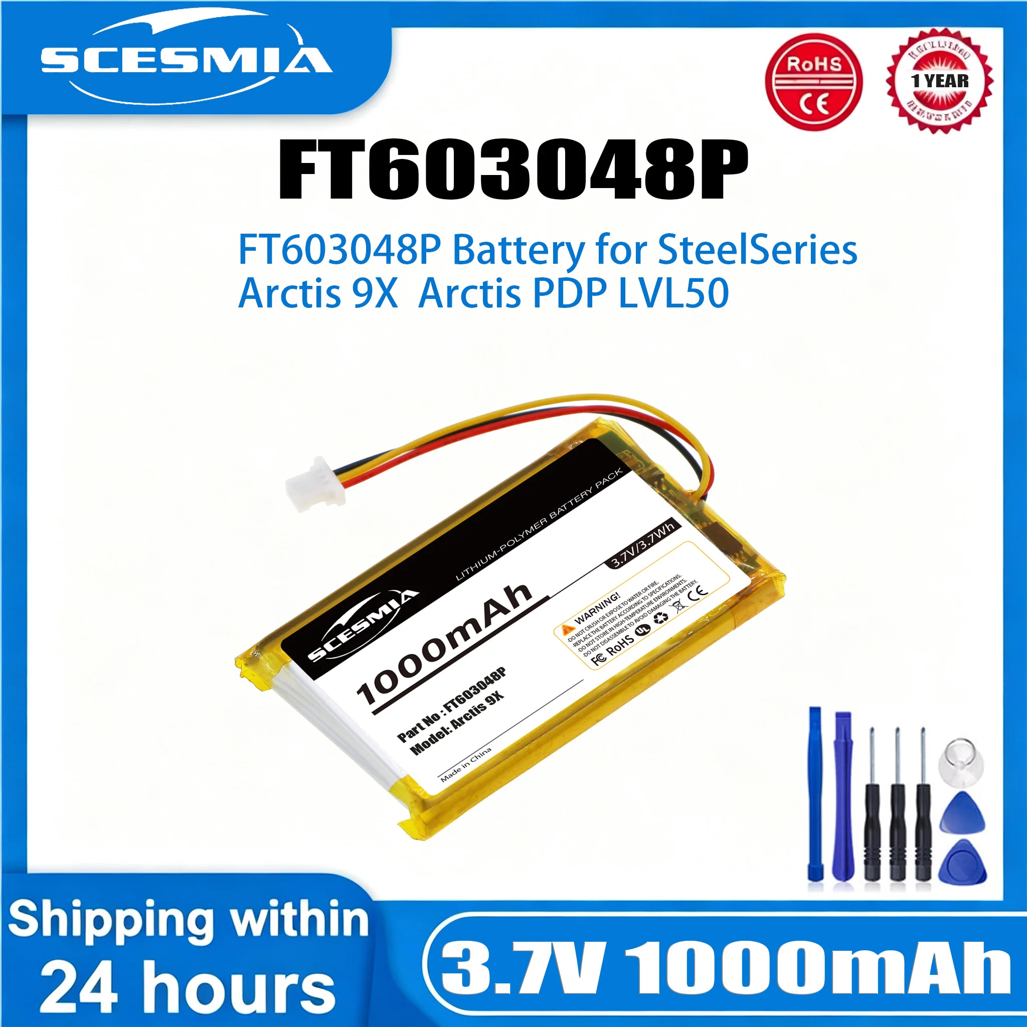 3.7V 1000mAh Replacement Wireless Headset Battery FT603048P for SteelSeries Arctis PDP LVL50, Arctis 9X +TOOL