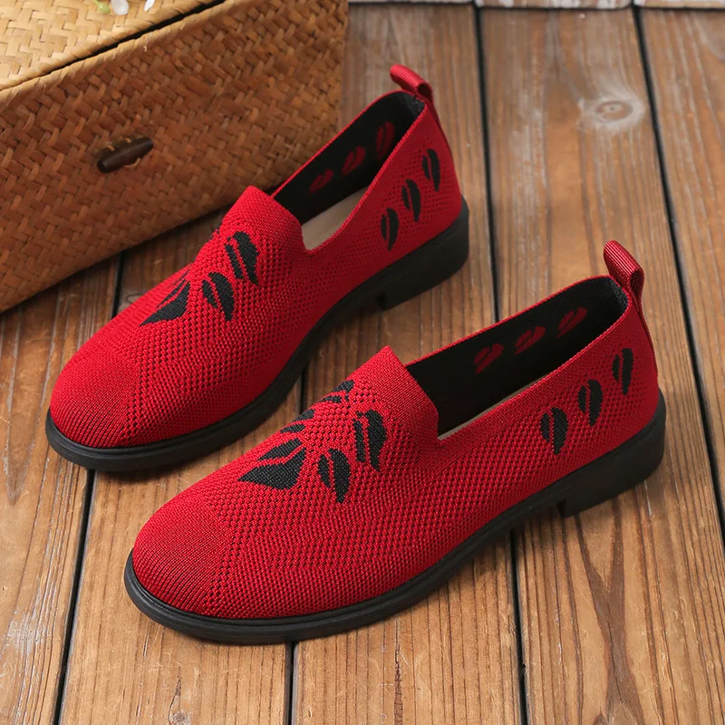 Leisure Women's Loafers Fashion Print Slip on Square Heels Round Toe Breathable Lazy Mesh Shoes Spring Autumn Daily Ladies Shoes