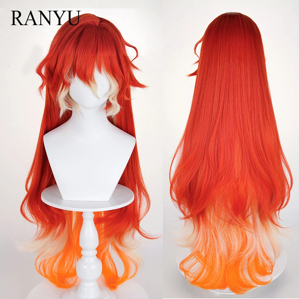 

Синтетический длинный волнистый красный парик Ombre оранжевого цвета с челкой, аниме-игра, пушистый парик для косплея, термостойкий для повседневной вечеринки