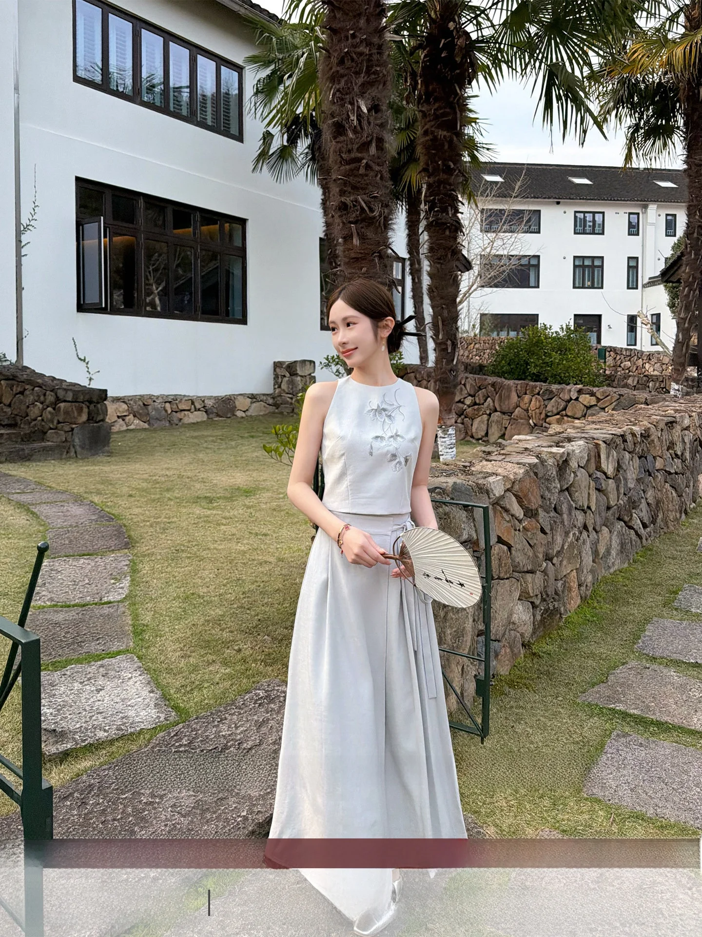 

Elegant Two-Piece Set Vest And Skirt Women's Sleeveless Summer Outfit Short Length Polyester Fiber Commute Style Floral Pattern