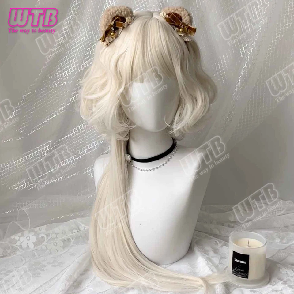WTB Cream White and Synthetic Lolita Jellyfish Style Curly Wig with Bangs Suitable for Women's Holiday Activities and Cosplay view 3