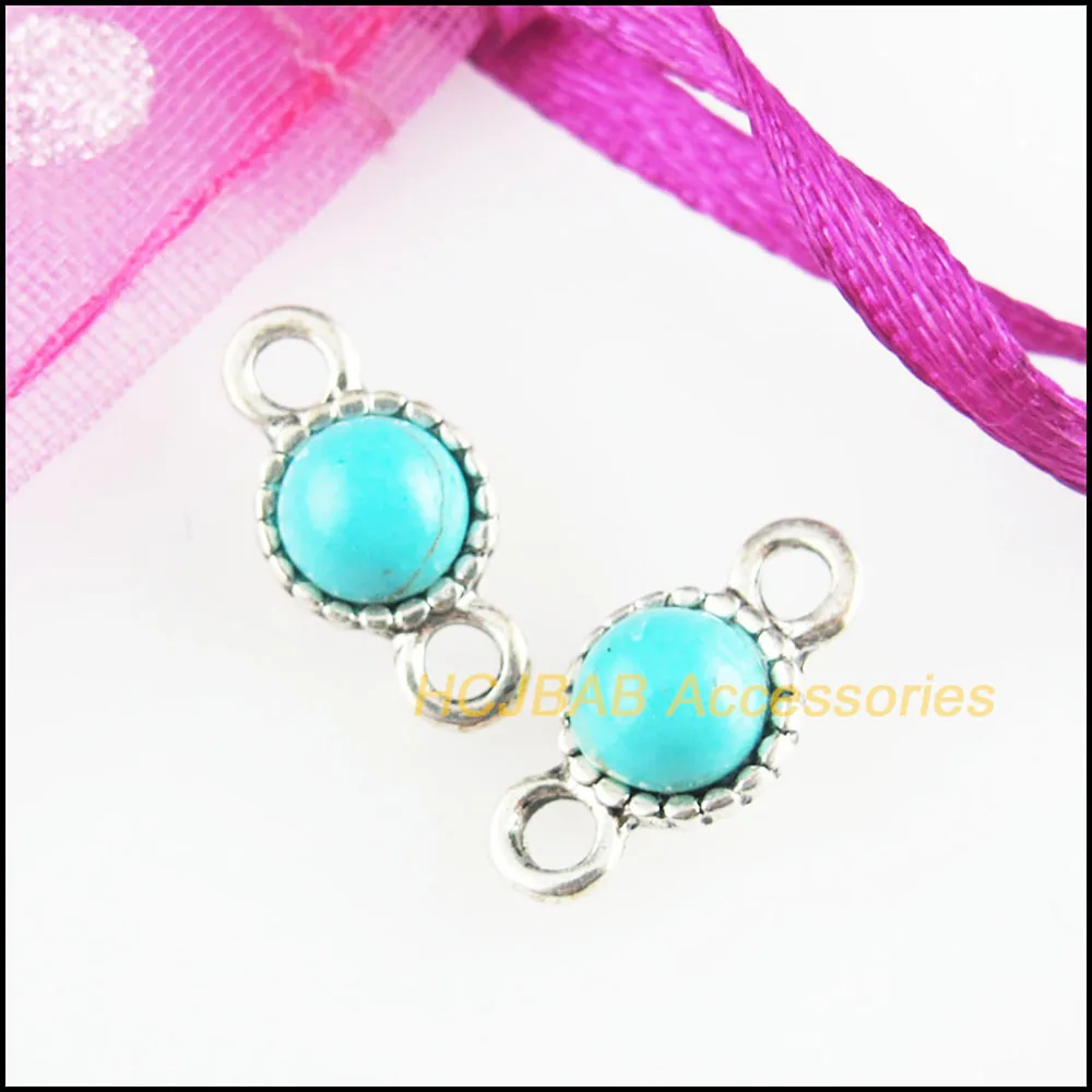 20Pcs Tibetan Silver Tone Flower Red & Blue Stone Round Charms Connectors 7x13.5mm