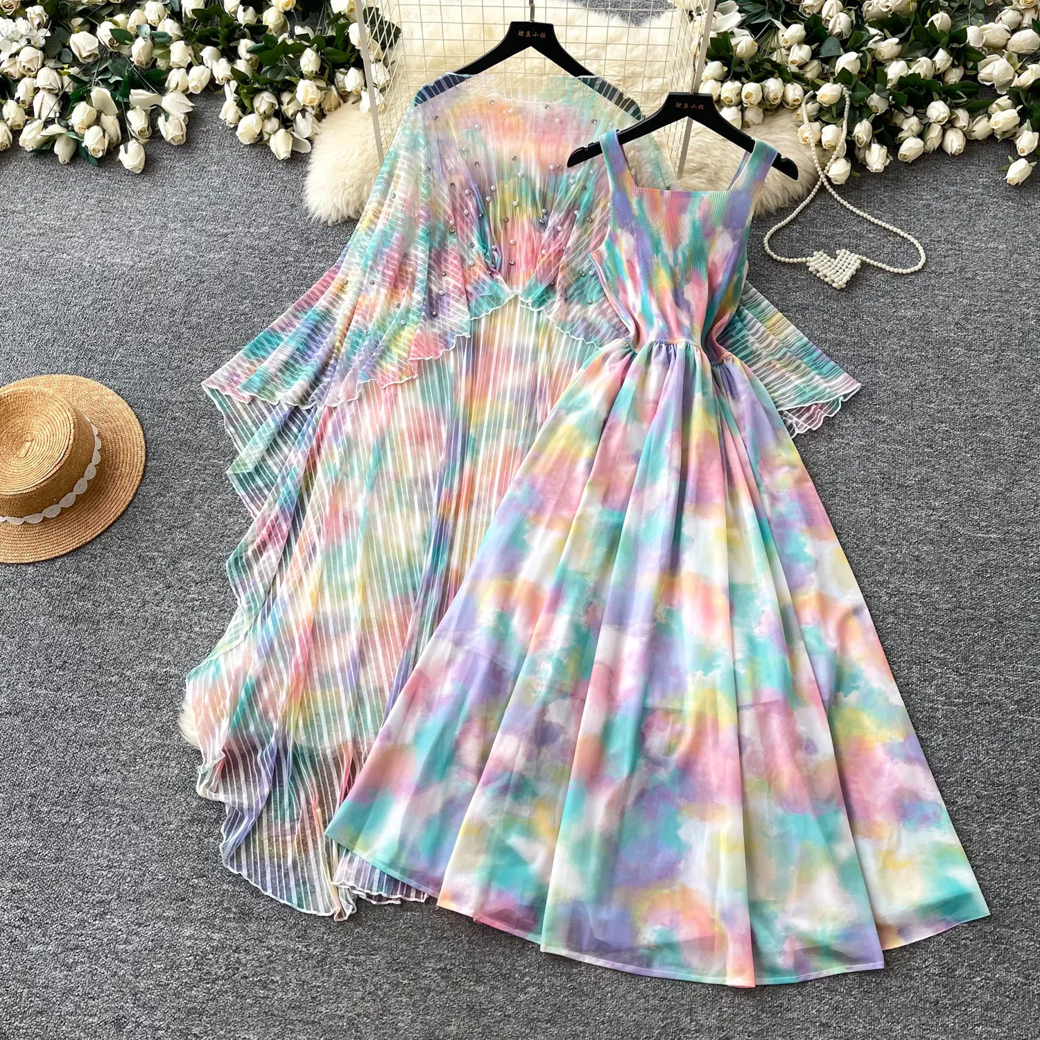

Two Pieces Women Print Dress Set Beaded Matching Sets Mesh Sheer Asymmetric Top Ankle Lenth Cami Dress Loose Casual 2026 Summer