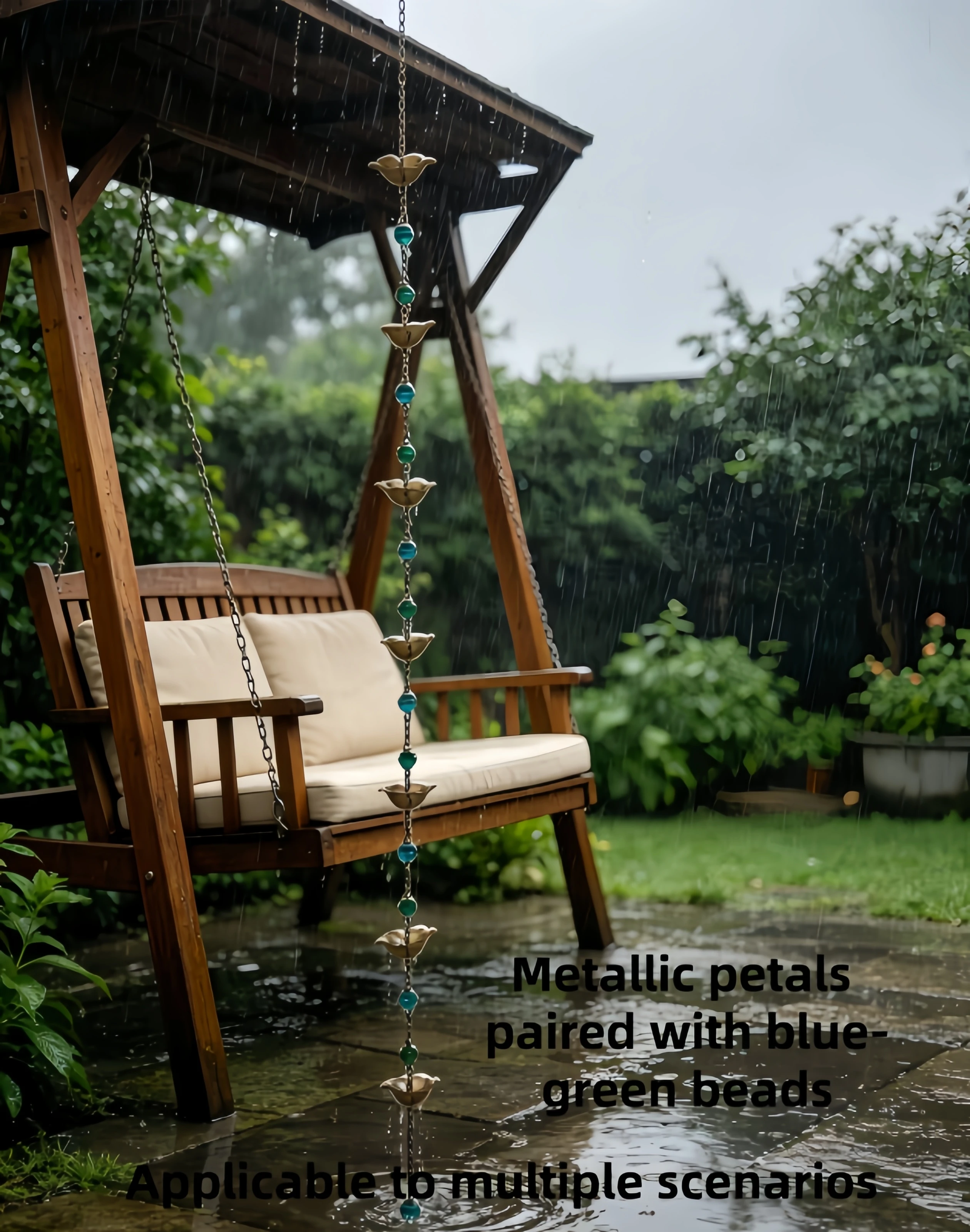 Outdoor Rain Chain with Blue and Green Beads Decorative Petal Design Gutter Alternative for Garden and Courtyard Decoration