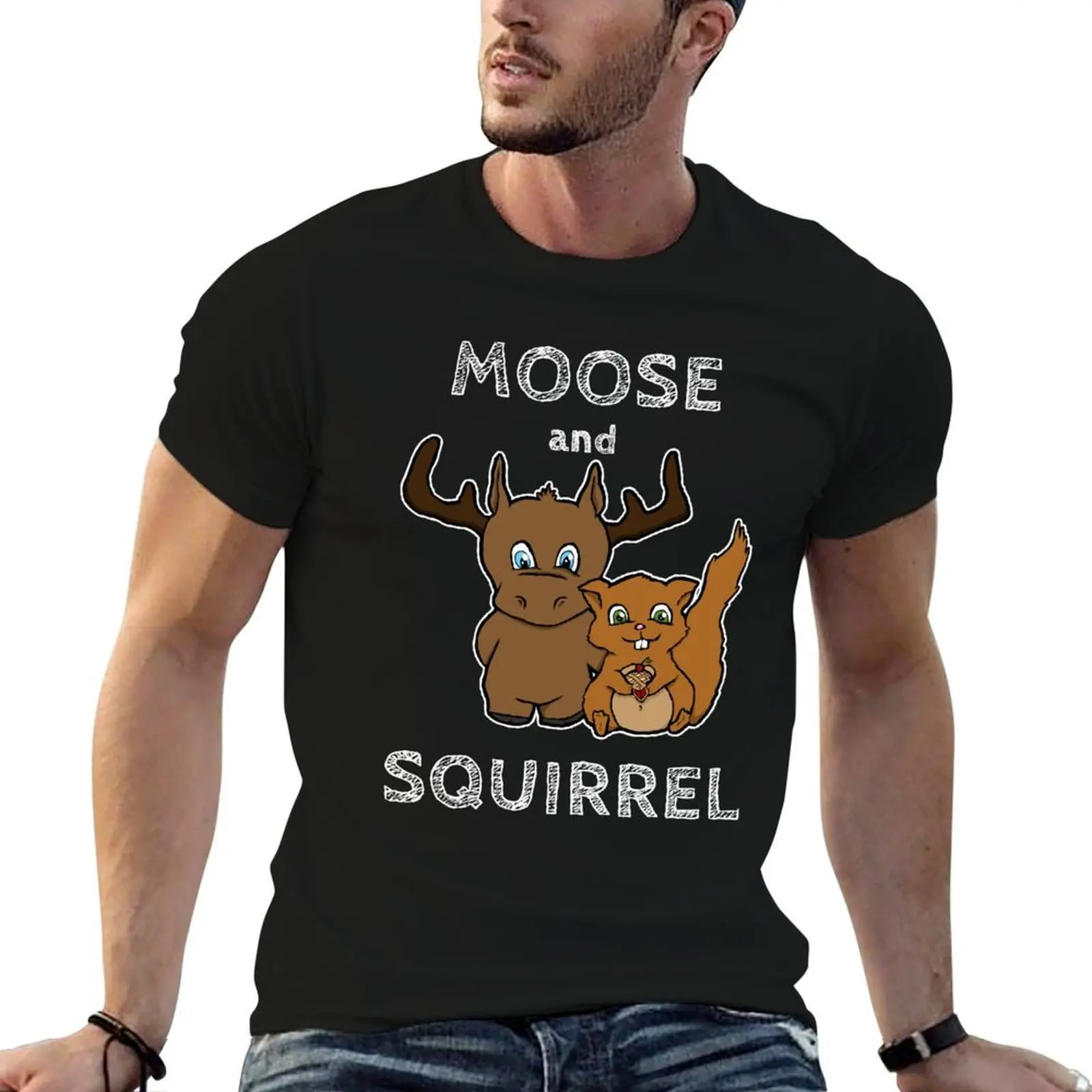 

Moose and squirrel with text T-Shirt t shirts for man graphic vintage cotton tshirt 100% T-Shirt