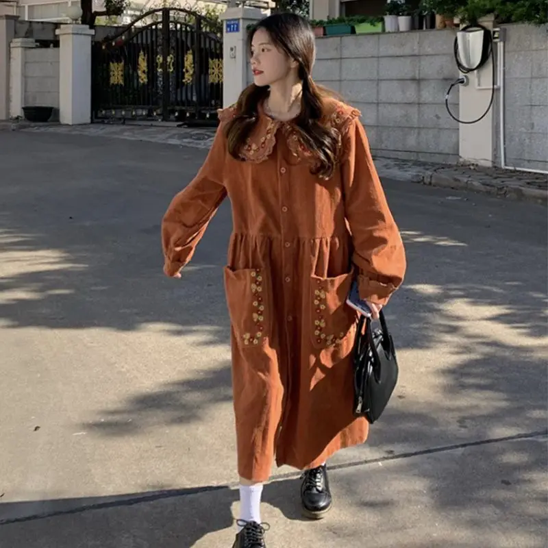 Plus Size 5XL 140KG Autumn Winter Women Corduory Dress Long Sleeve High Waist Ladies Casual Oversized Warm Embroidery Dresses