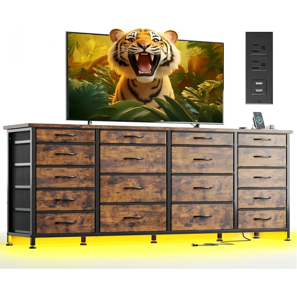 

63 Wide TV Stand with LED Lights & Power Outlets, Bedroom Storage with 18 Deep Drawers, Suitable for 65-75 TVs, Fabric Drawer TV