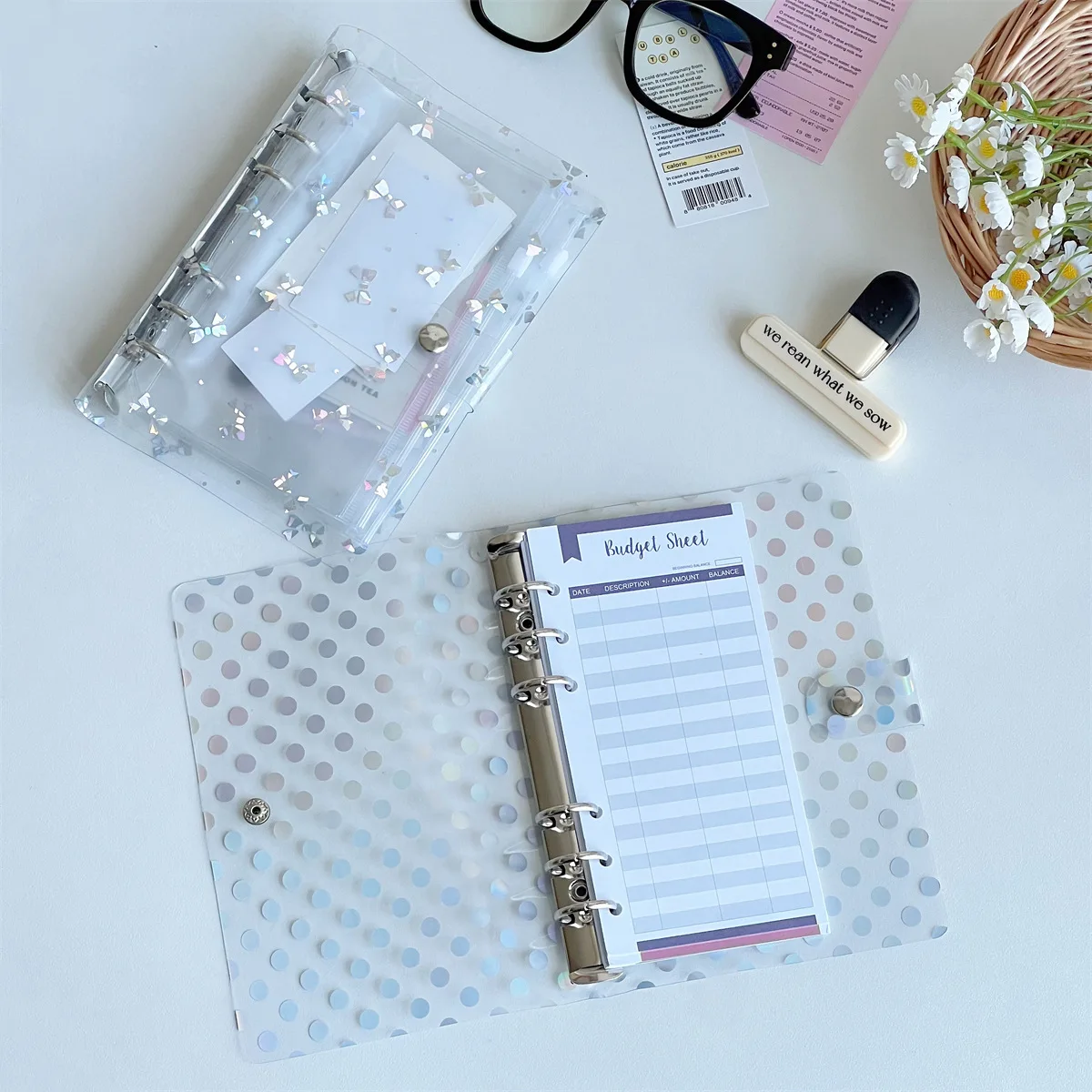 Six-Hole Korean Colorful Dot Butterfly Binder PVC File Folder Document Folder Transparent Insert Page Binder Stationery