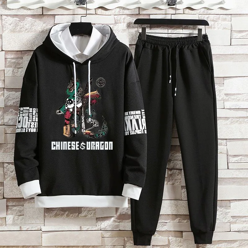 Sweatshirt Set with Men\'s Printed Chinese Characters, Casual Fashion Hoodie Set, Autumn New Style