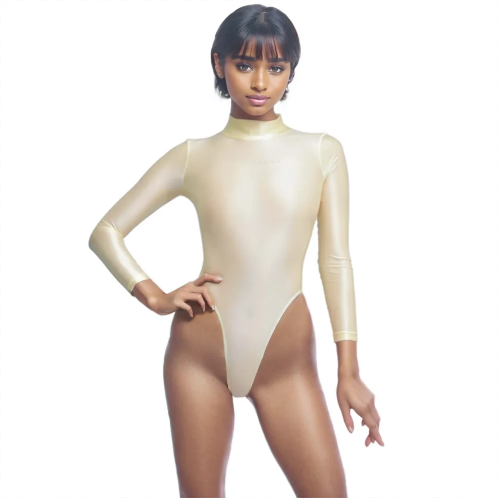 AMORESY Women's Shiny Glossy One Piece Swimsuit See Through Spandex Tight-fitting Long Sleeve Casual Swimwear Leotards