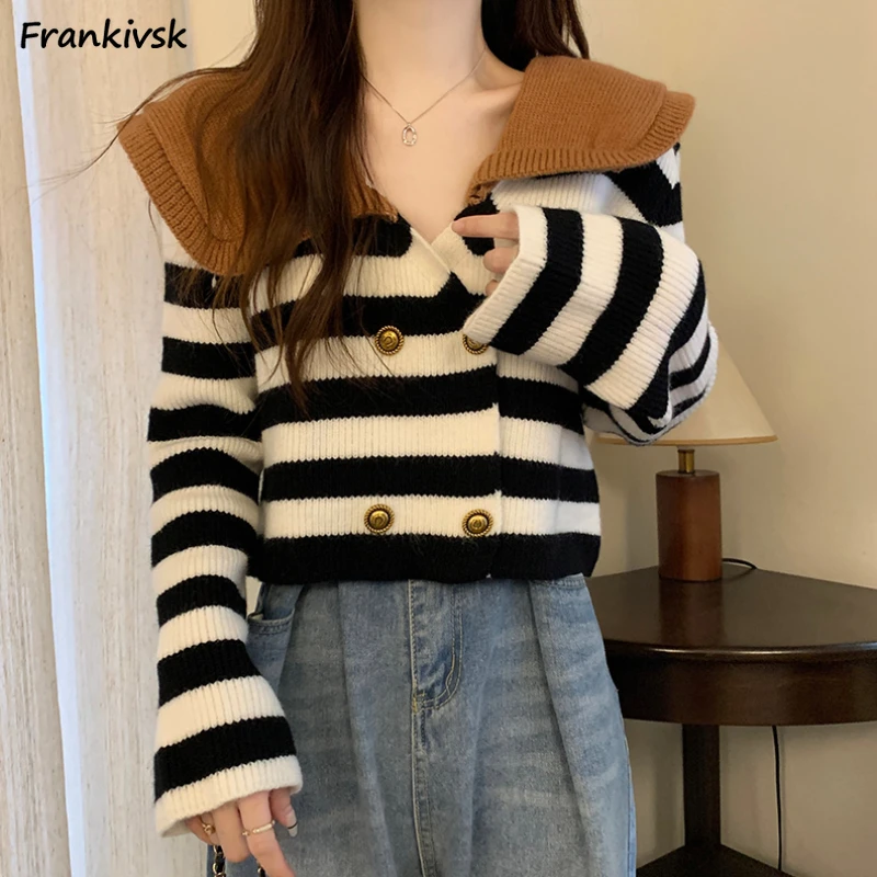 

Women Sweaters Striped Contrast Color Cardigan Warm Daily Fashion Leisure Streetwear Ladies Temperament Korean Style Clothing