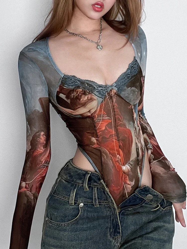

Rockmore Vintage Printed Mesh Bodysuits Women Lace Bow Square Neck High Waist Wrapping Long Sleeve Bodysuit Halloween Christmas