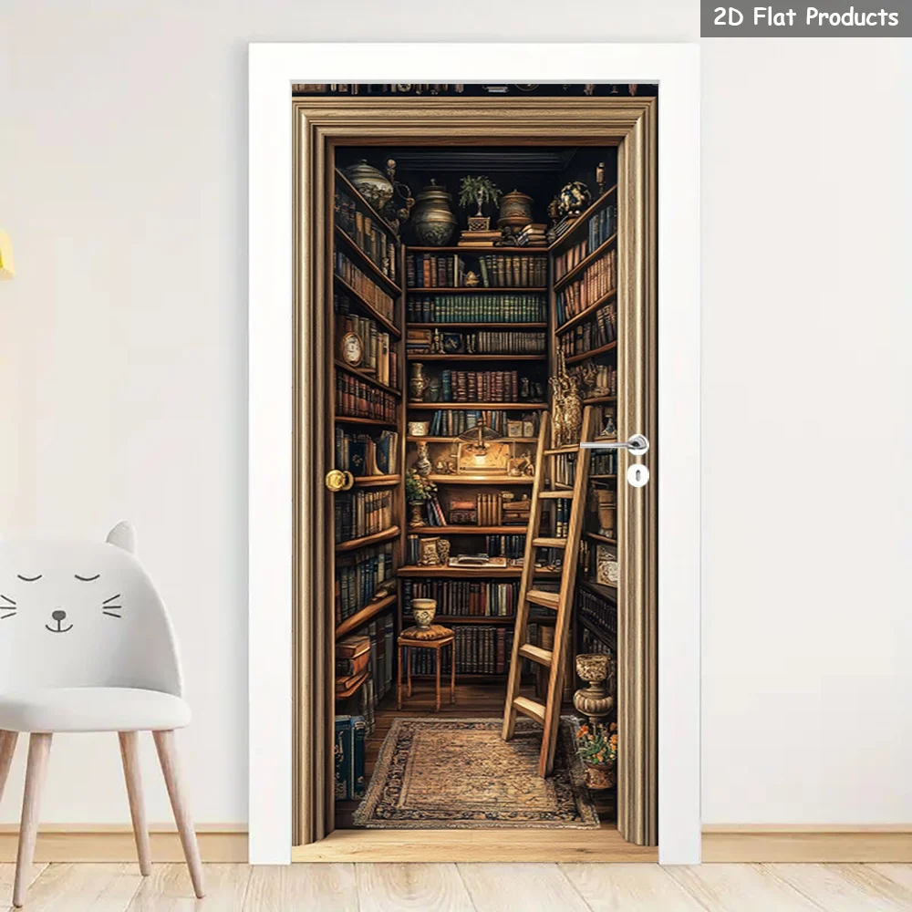 1 pair of library door stickers, ladder door stickers, warm atmosphere self-adhesive door wall stickers