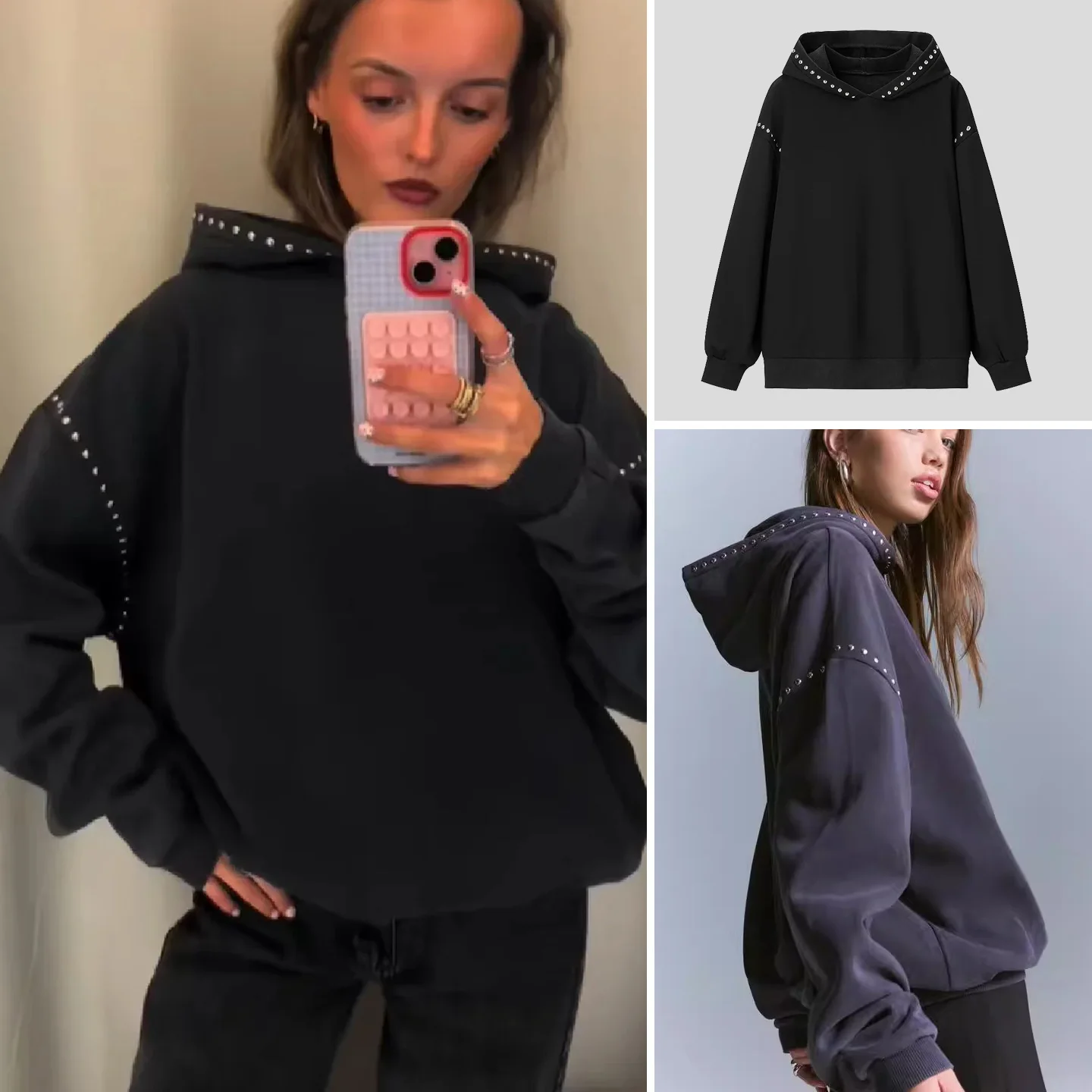 

Spring New Arrival Loose Fit Casual Hoodie Long Sve Rivet Decorated Women's Sweatirt Comfortable Breathable Street Sle