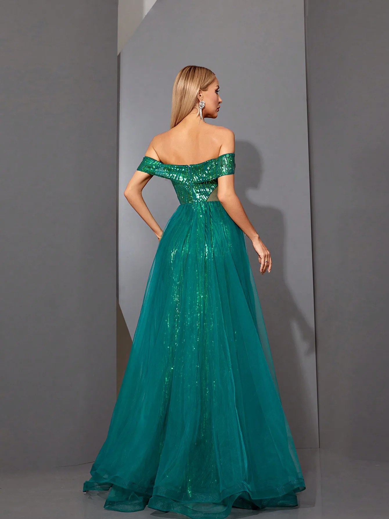 Mgiacy one-shoulder mid-waist mesh sheer sequin slimming fishtail back double-layer mesh large hem long dress