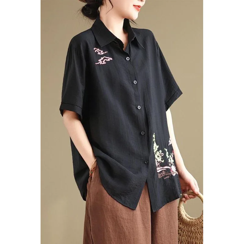 2024 Women\'s New Summer Fashion Loose Casual Versatile Turn-down Collar Heavy Industry Embroidered Short Sleeved Shirt Tops