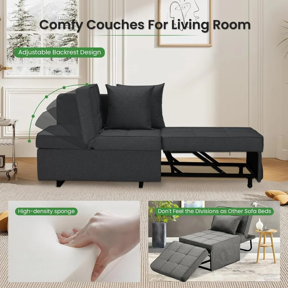 أريكة سرير متعددة الوظائف، أريكة قابلة للتحويل 4 في 1 مع نائمة سحب ووسائد لمساحات المعيشة المدمجة #4