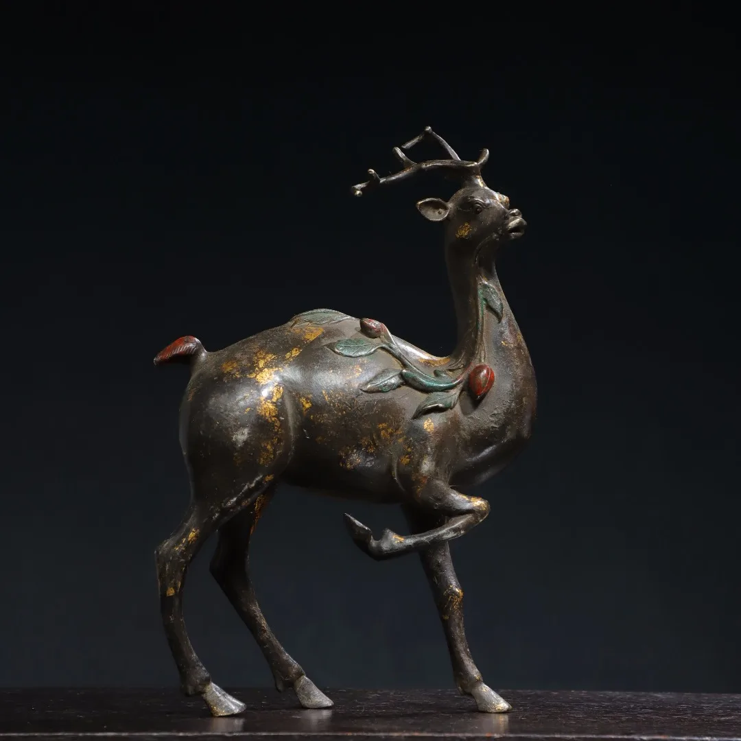 

10"Tibetan Temple Collection Old Bronze Cinnabar Gilt spirit Deer Statue of Sika deer Amass wealth Ornaments Town house