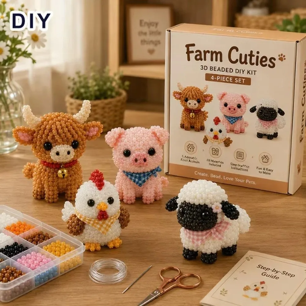 4pcs New Creative 3D Animal Bead Kit Bead Craft Farm & Sea Animals Animal Crafting Set Mini Size Pets Beading Set DIY Activity