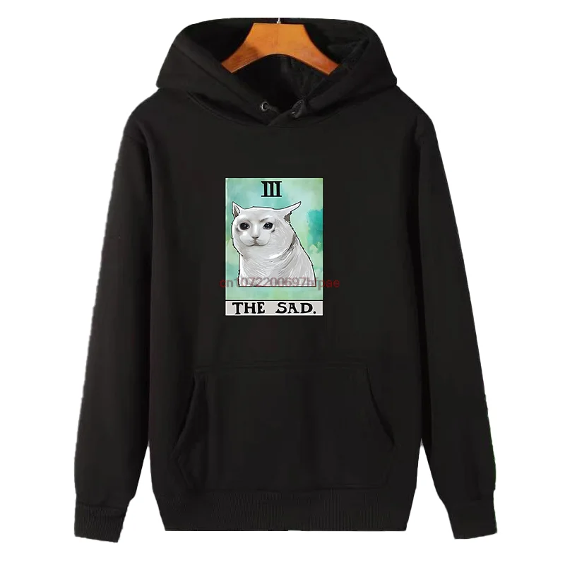 Sad Meme Cat Tarot Card Style Graphic Hoodie Black Pullover Sweatshirt Kangaroo Pocket Casual Unisex Meme Cat Lover Streetwear Gift