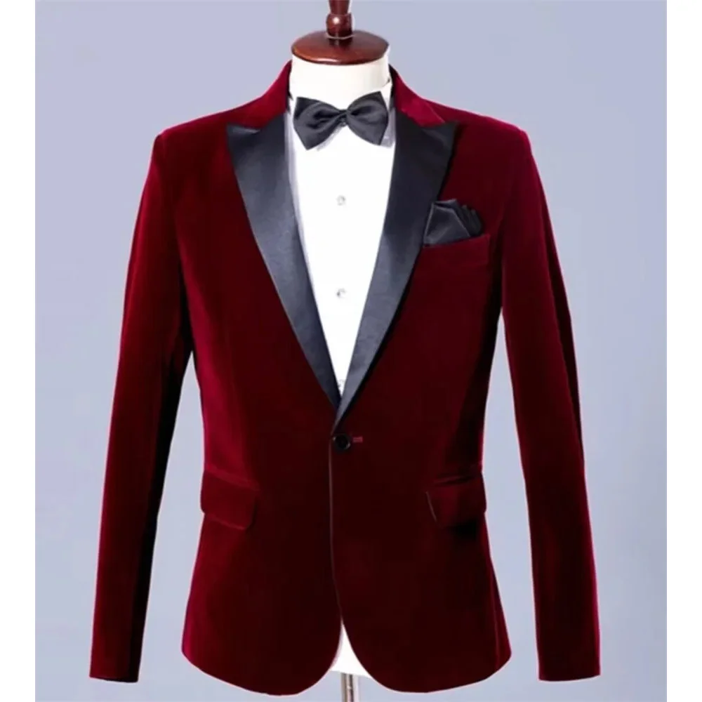 

Fashion Men's Blazer Single Breasted Black Peak Lapel One Piece Jacket Velvet Wedding High Quality Slim Fit Coat