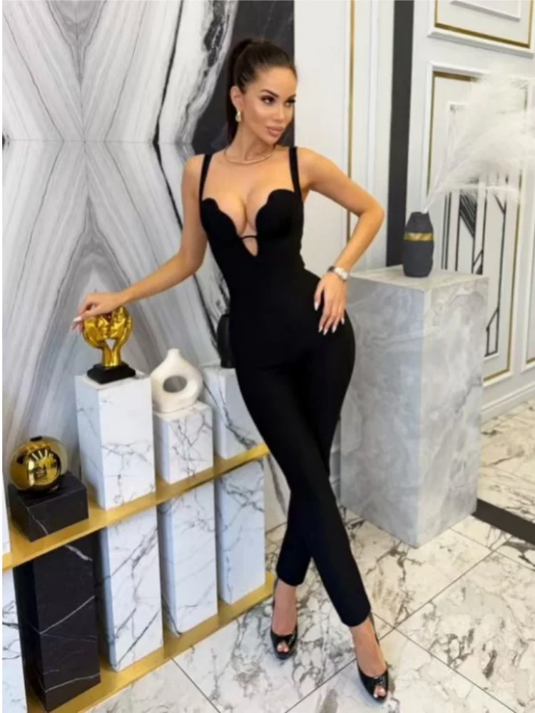 

High Quality Women Sleeveless Sexy Strap Bodycon Bandage Jumpsuit Celebrate Evening Party Nightclub Red Carpet Wear