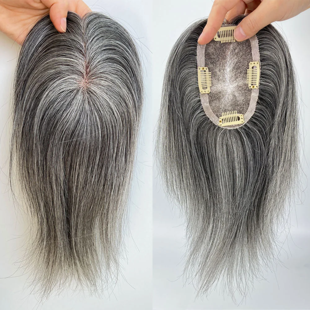 Topper de cabelo humano cinza mono net pu em torno de luz respirável em linha reta cinza branco misturado cabelo brasileiro virgem com clipes em mulheres