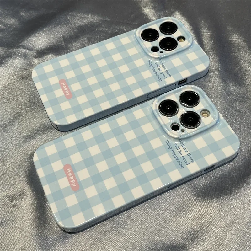 Cute Blue And White Plaid Case For Samsung S23 S22 S21 A73 A53 A52 A23 A12 A04 A02 Plus Ultra 5G Acrylic Hard Mobile Phone Cases