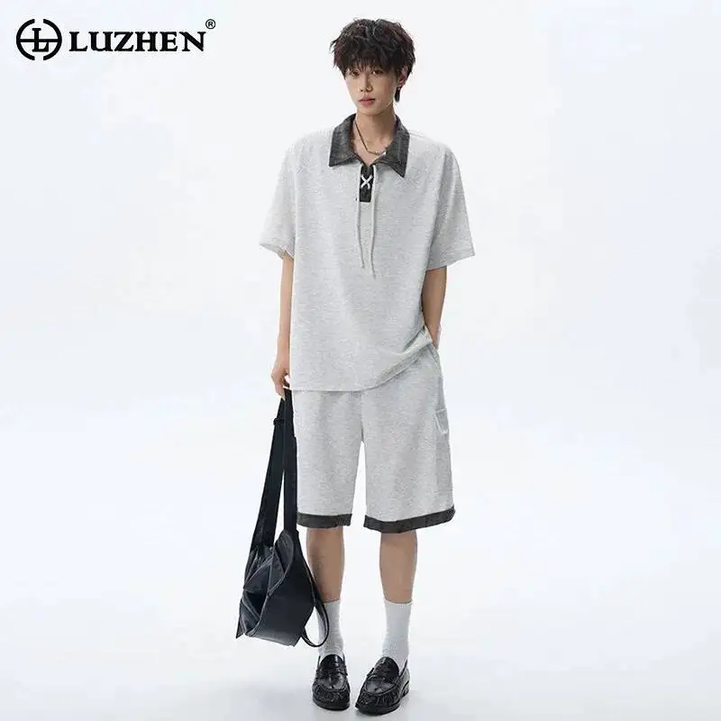 LUZHEN 2026 Summer Stylish Two-piece Sets Men's Drawstring Lapel Short Sleeve T-shirt Straight Casual Five-pointed Pants JY7214