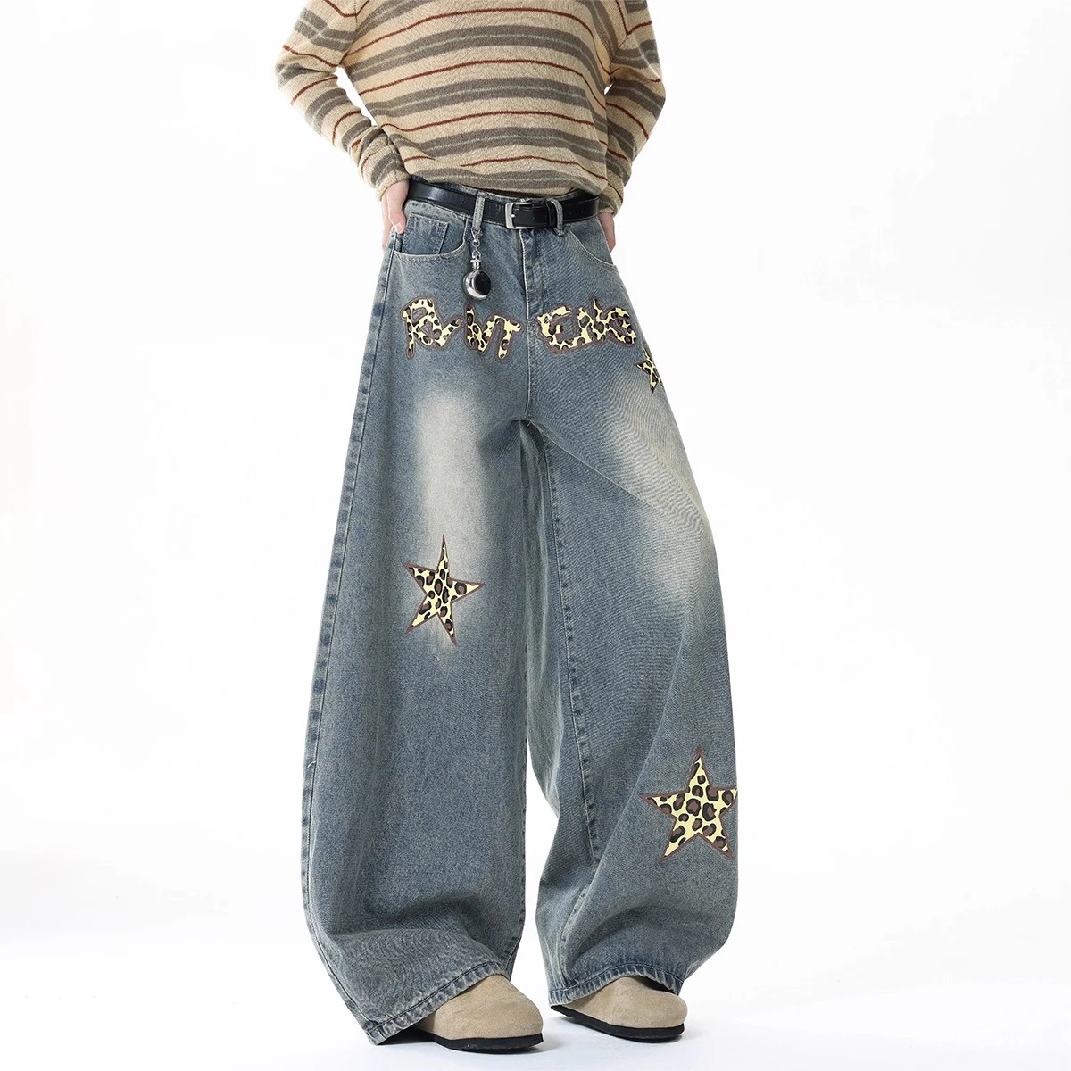 Street Fashion Style Five-pointed Star Leopard Print Jeans Women's Autumn Slim Straight Pants Wide Leg Denim Pants
