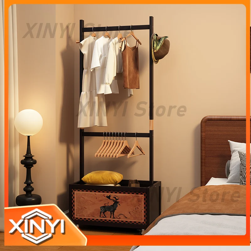 Antique Style Bamboo Coat Rack with Movable Pulley for Bedroom Living Room Bathroom Storage Wall Mounted Clothing Organizer