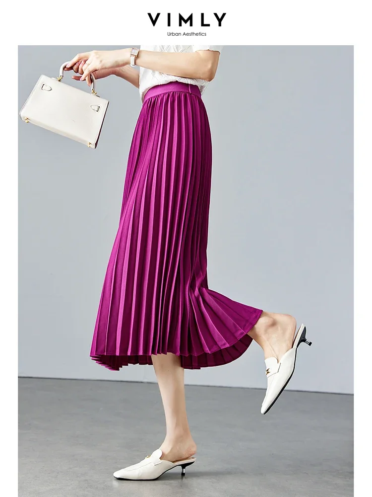 

Vimly Purple Pleated Midi Skirts for Women 2023 Autumn Fashion New Elastic High Waist A-line Solid Female Flowy Skirts M2569