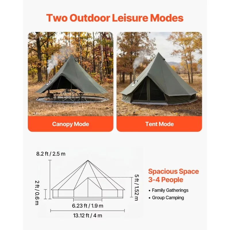 Canvas bell tent for 4 seasons, suitable for camping, with stove hole, rainproof and breathable, can accommodate 4 people