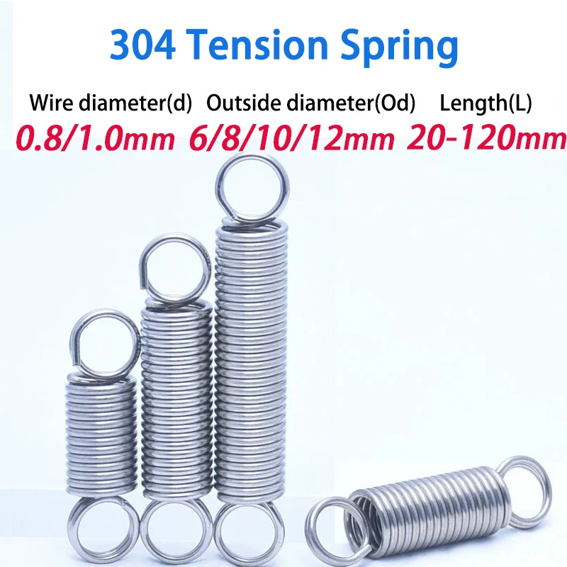2Pcs 0.8mm 1.0mm, O Ring Hook Cylindroid Extension Pullback Tension Spring 304 Stainless Steel OD:6/8/10/12mm, Length:20-120mm