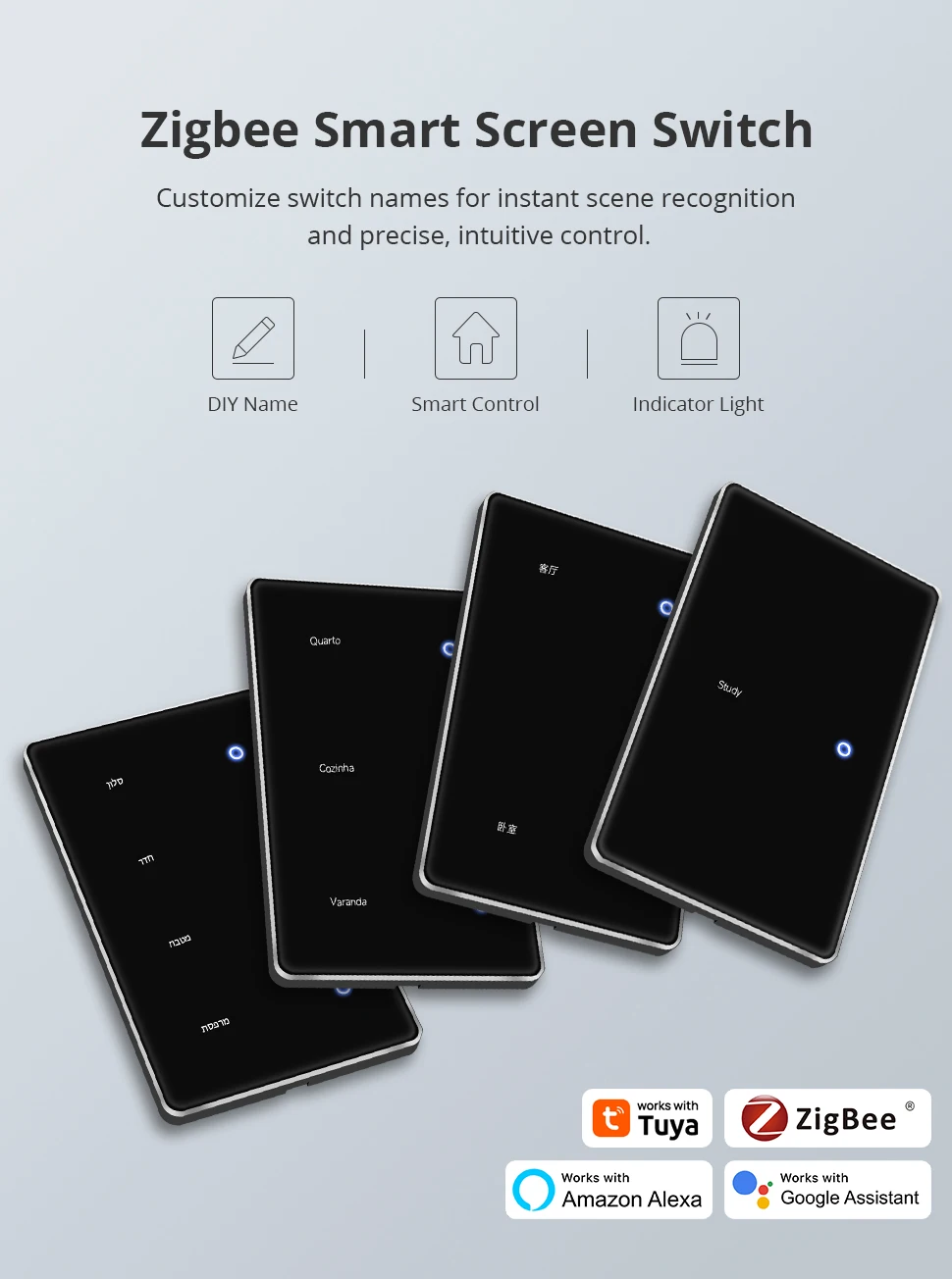 Zemismart Zigbee DIY Namensschalter US Black Touch Panel Smart Display Bildschirm Lichtschalter Funktioniert mit der Tuya Smart Life App – Detail 2