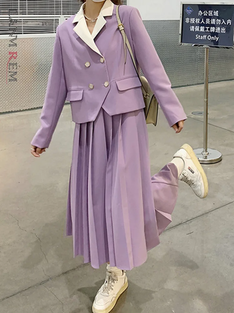 

Комплект LANMREM женский из двух предметов, двубортный Асимметричный пиджак контрастных цветов с отложным воротником и плиссированная юбка, новинка 2024, 2Z1457