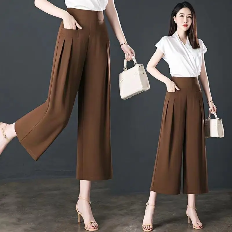 Women Summer Simplicity Elegant Ice Shreds Solid Color High Waist Wide Leg Women Clothes Casual All-match Trend Cropped Pants