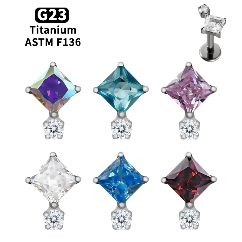 G23 Titanium Labret Piercing with Internal Thread Clear CZ Lip Studs Tragus Helix Cartilage Flat Back Earrings Medusa Jewelry