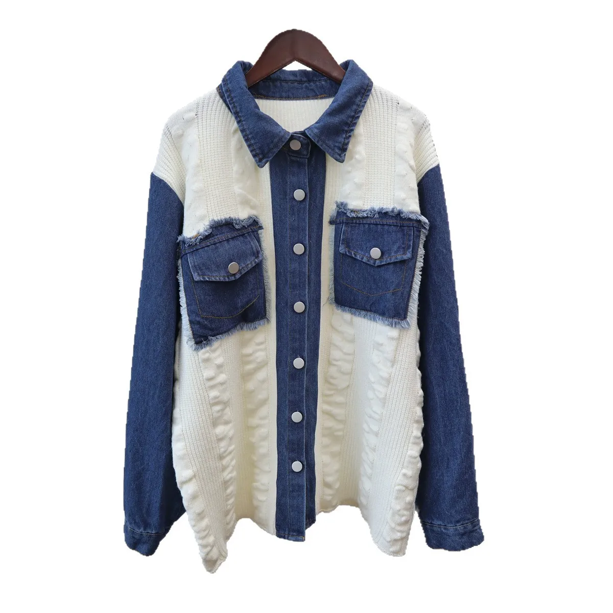 Women Knitted Cardigan Casual Jumpers Denim Patchwork Turn Down Collar Long Sleeves Loose Slight Strech Single Breasted  Autumn