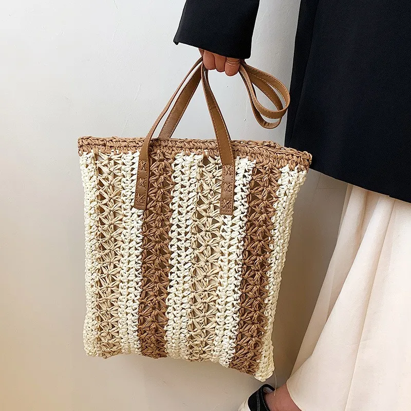 Tas Bahu Wanita Jerami Tas Tangan Anyaman Anyaman Desain Mutiara Fashion Tas Rotan Pantai Musim Panas Kasual Dompet Belanja Tote Besar