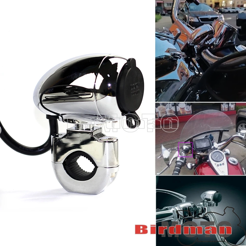 

Chrome Metal 1" 7/8" Handlebar Mount USB Electrical Power Point Charger Cigarette Lighter Universal For ATV Scooter Motorcycle