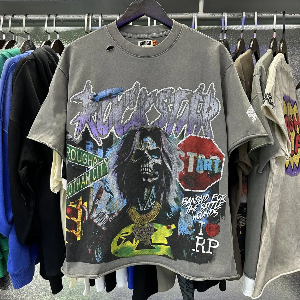Rough Play Vintage Skull Washed Short Sleeve round Neck T-Shirt Pure Cotton Distressed Splice Citywalk Casual Summer Top