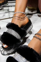 Pantoufles de Luxe en Fourrure et Strass pour Femme, Chaussures d'Extérieur Sexy à Talons Compensés, Couleur Unie, Vente en Gros