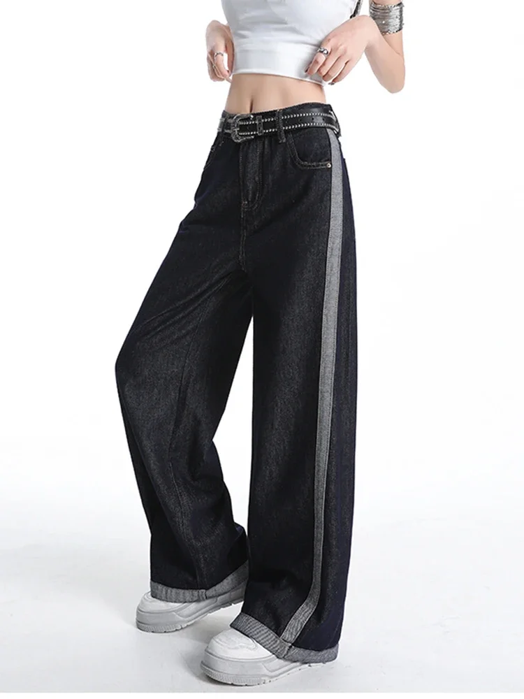 Y2K 女性コントラストスプライシングジーンズディープブルーハイウエストワイドレッグルーズフィット痩身長ズボン