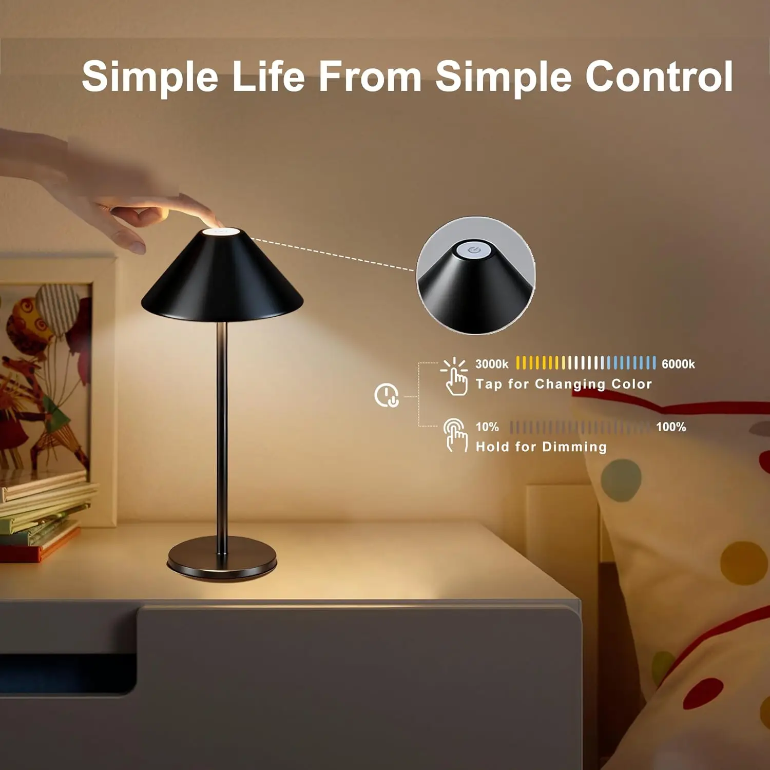 مجموعة مصابيح طاولة لاسلكية قابلة لإعادة الشحن مكونة من قطعتين، ارتفاع قابل للتعديل وألوان قابلة للتعتيم، ضوء لاسلكي محمول للقراءة/المنزل #4