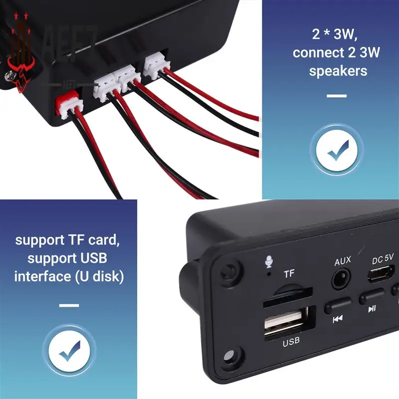 AEF7-Bluetooth 5.0 Modulo scheda di decodifica MP3 2 X 3W Altoparlante Modulo radio FM per auto 5V Supporto registrazione chiamata Funzione vivavoce