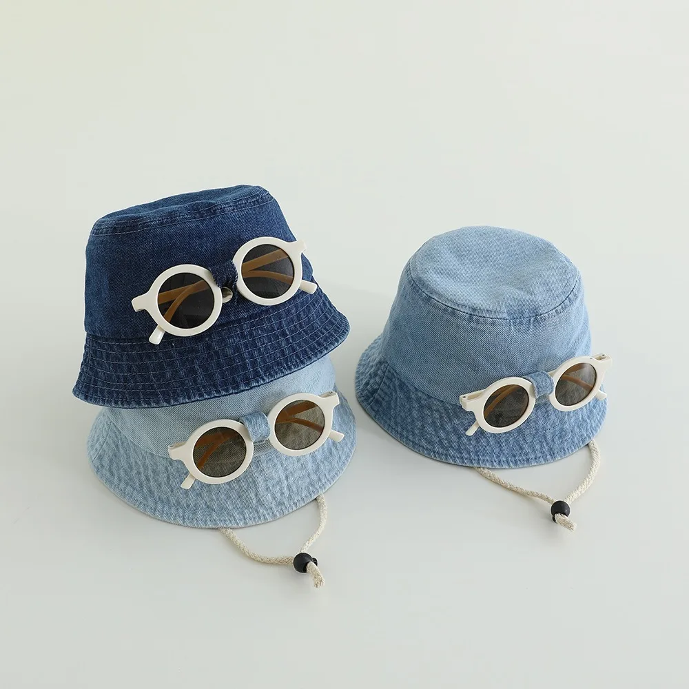 

Модная шляпа с солнцезащитными очками, весенняя детская шляпа с большими полями, солнцезащитные рыбацкие шляпы, однотонные солнцезащитные кепки для детей 1-4 лет